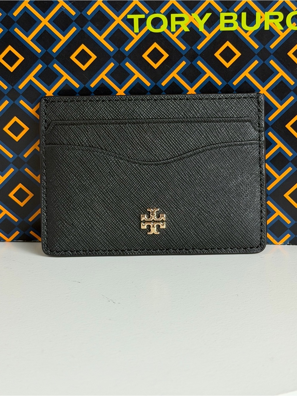 Tory Burch Black Saffiano Leather Card Holder with Gold Logo